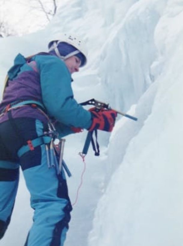 Ice climbing at the Mammuttiputous icefall in Korouoma in the 1990s